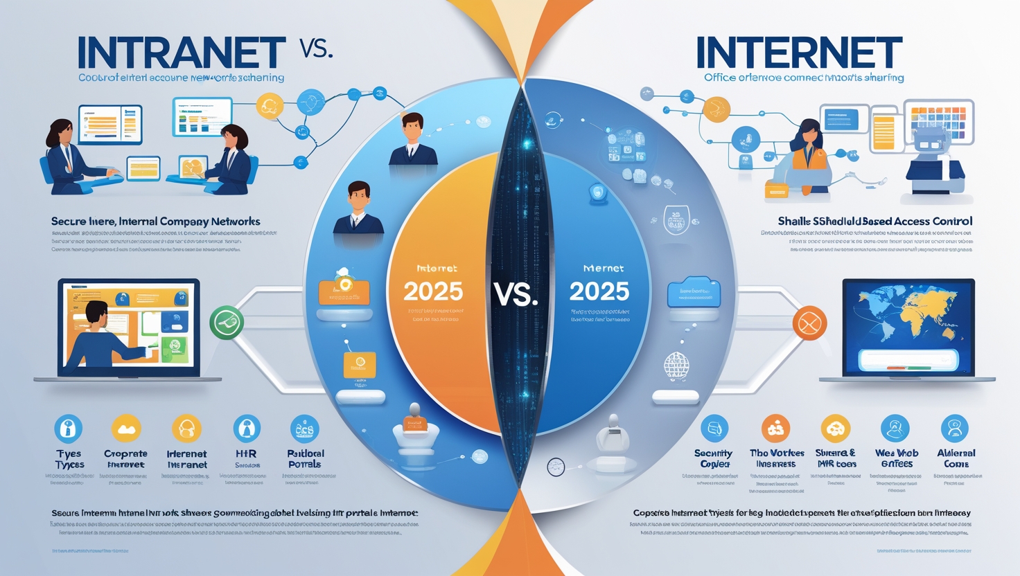 "Create a modern, professional infographic-style image showing the concept of an intranet vs. the internet in 2025. Split the design into two halves: one side labeled 'Intranet' with visuals of secure, internal company networks, office workers sharing data, and cloud-based access control; and the other side labeled 'Internet' with global connectivity, public networks, and open web icons. Include small icon illustrations for 'Types' (e.g., corporate intranet, government intranet), 'Uses' (internal communication, HR portals), 'Benefits' (security, efficiency), and key differences. Use a futuristic color scheme with blue and white tones, tech-themed fonts, and clear labels. Add a 2025 digital touch with modern UI elements or hologram effects."