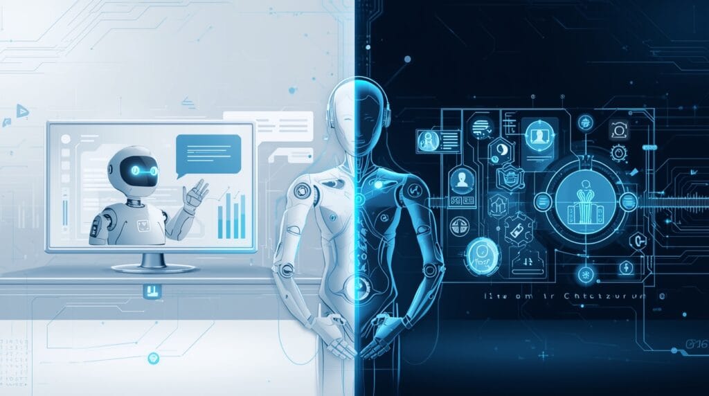 Create a modern digital illustration that visually represents the concept of “AI Agents vs Chatbots.”On the left side, show a simple chatbot — a friendly robot or chat bubble symbol on a screen, giving quick text replies.
On the right side, show an advanced AI Agent — a futuristic humanoid or digital avatar surrounded by data streams, holographic UI panels, and task automation icons to show intelligence and autonomy.Use a split-screen composition (left = chatbot, right = AI Agent) with a clean tech background — subtle gradients, glowing circuits, or neural patterns.Color theme: Chatbot side in soft blue and gray, AI Agent side in neon blue and silver, to highlight the evolution.Style: High-quality vector art or Photoshop-like realism, minimal yet eye-catching, should look like it’s made for a 2026 AI technology article.Add a small futuristic text overlay: “AI Agents vs Chatbots – The Next Evolution” in sleek typography.