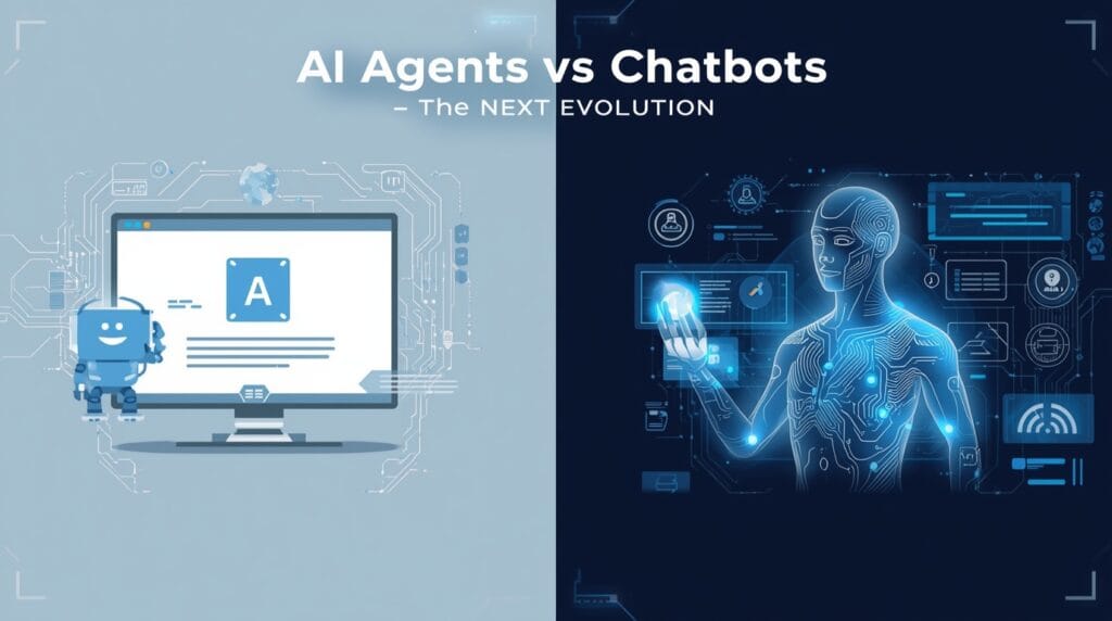 Create a modern digital illustration that visually represents the concept of “AI Agents vs Chatbots.”On the left side, show a simple chatbot — a friendly robot or chat bubble symbol on a screen, giving quick text replies.
On the right side, show an advanced AI Agent — a futuristic humanoid or digital avatar surrounded by data streams, holographic UI panels, and task automation icons to show intelligence and autonomy.Use a split-screen composition (left = chatbot, right = AI Agent) with a clean tech background — subtle gradients, glowing circuits, or neural patterns.Color theme: Chatbot side in soft blue and gray, AI Agent side in neon blue and silver, to highlight the evolution.Style: High-quality vector art or Photoshop-like realism, minimal yet eye-catching, should look like it’s made for a 2026 AI technology article.Add a small futuristic text overlay: “AI Agents vs Chatbots – The Next Evolution” in sleek typography.