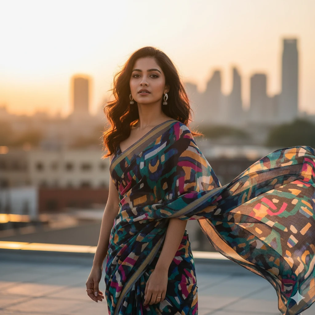 Gemini AI Photo Prompt Copy Paste Modern Saree Look – Beautiful Fusion Indian Portraits